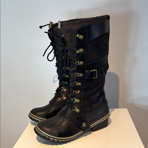 SOREL Boots Conquest Carly Tall Suede Leather Duck Black Size 6.5 - Picture 2 of 12